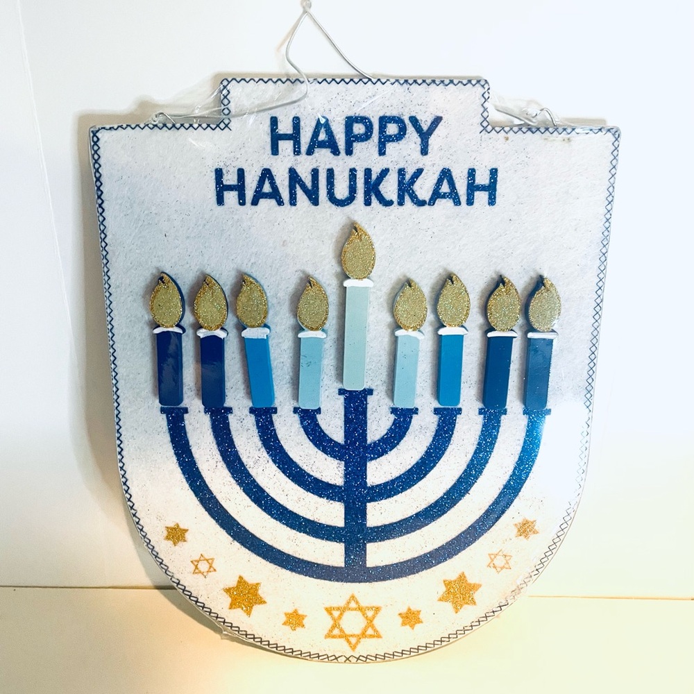 Happy Hanukkah Sign, Menorah Wall Decor By Ashland - Blue & Gold Glitter Shield